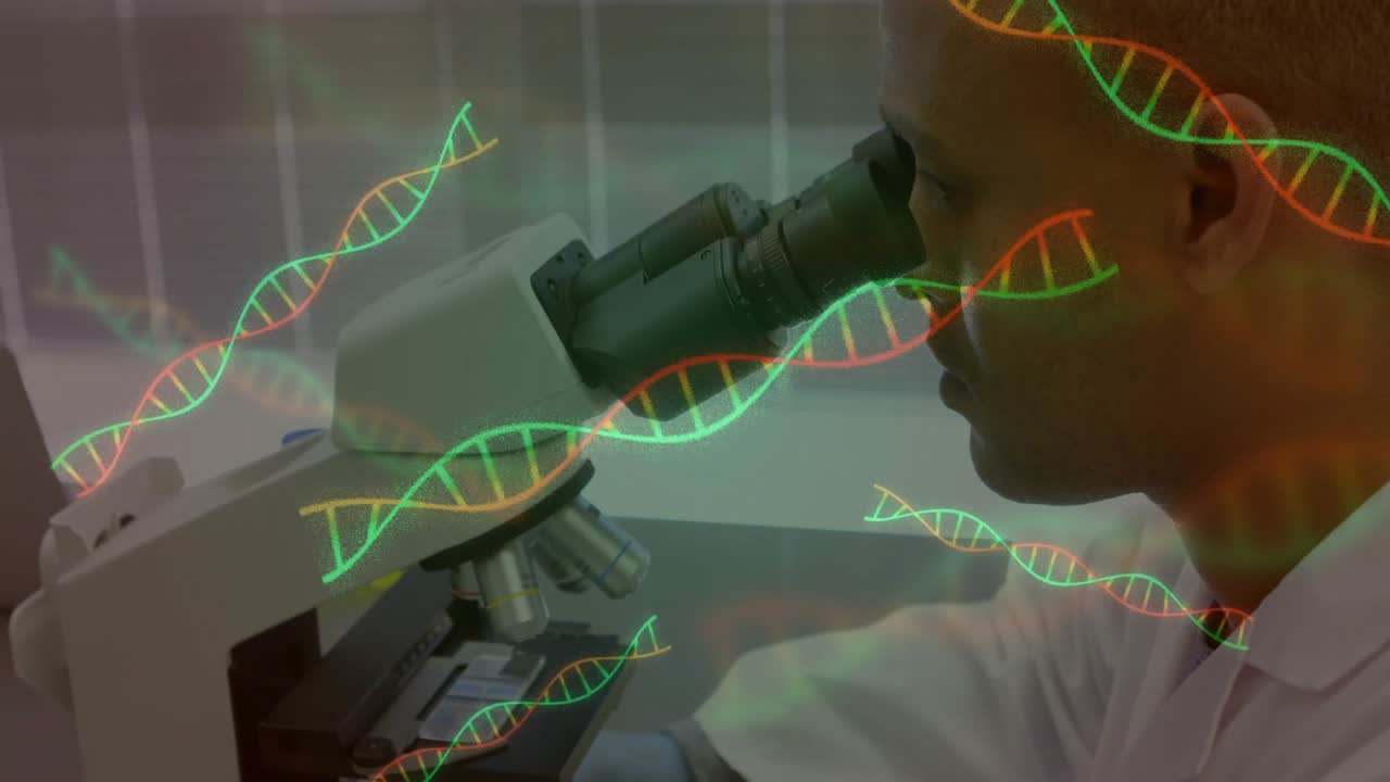 Lab scientist inserting slide adjusting focus knobs for DNA analysis with drifting helix graphics