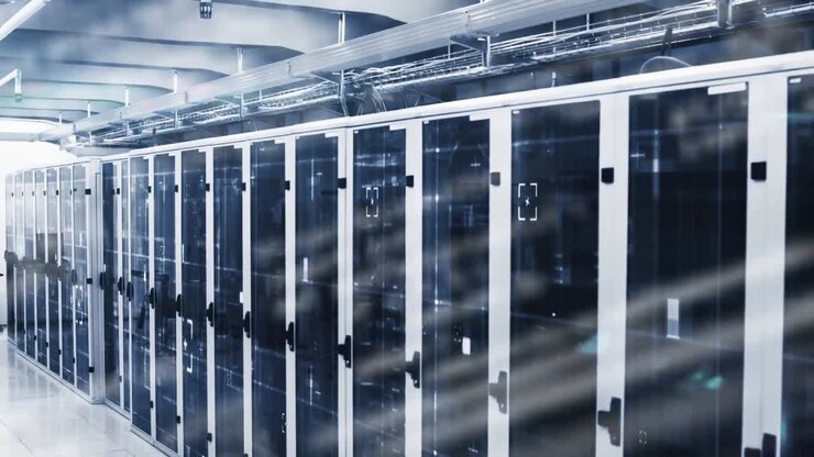 Animation of squares and data processing over server room