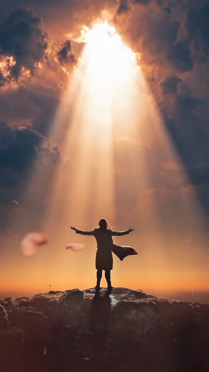 Concepto de vídeo impactante con una silueta bajo los rayos del sol
