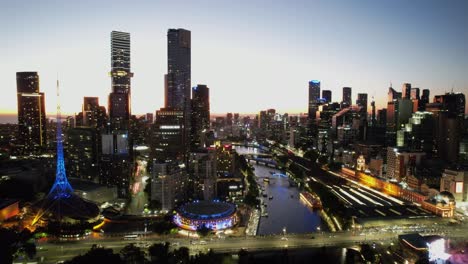 blue halo over melbourne arts district aerial at dusk