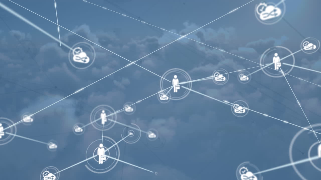 아이콘과 데이터 처리와 함께 연결 네트워크의 애니메이션 구름과 함께 하늘 위에