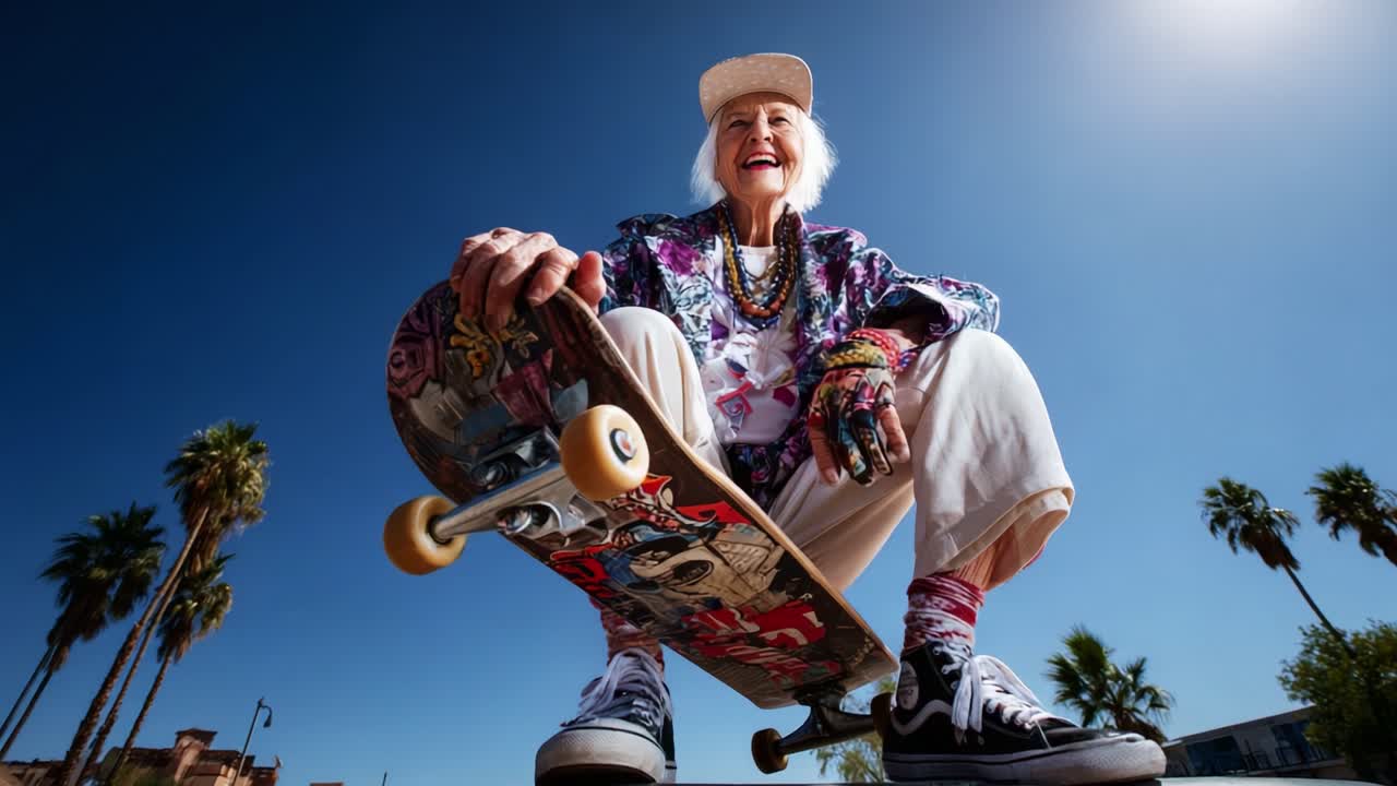 Elderly Skateboarder Embraces Adventure: A Joyful Representation of Age, Passion, and Lifelong Spirit Under the Clear Blue Sky Amidst Palm Trees and Cheerful Vibes
