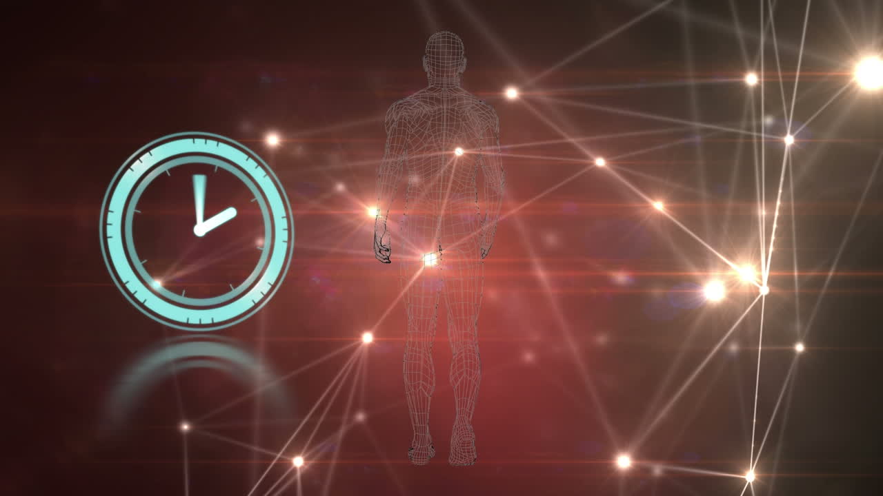 animación de un reloj en movimiento y un modelo humano sobre una red de conexiones sobre fondo negro