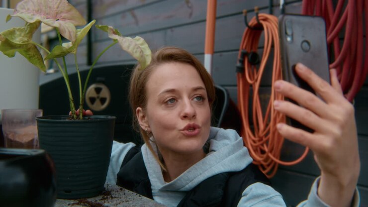 Donna che si scatta un selfie nel suo giardino
