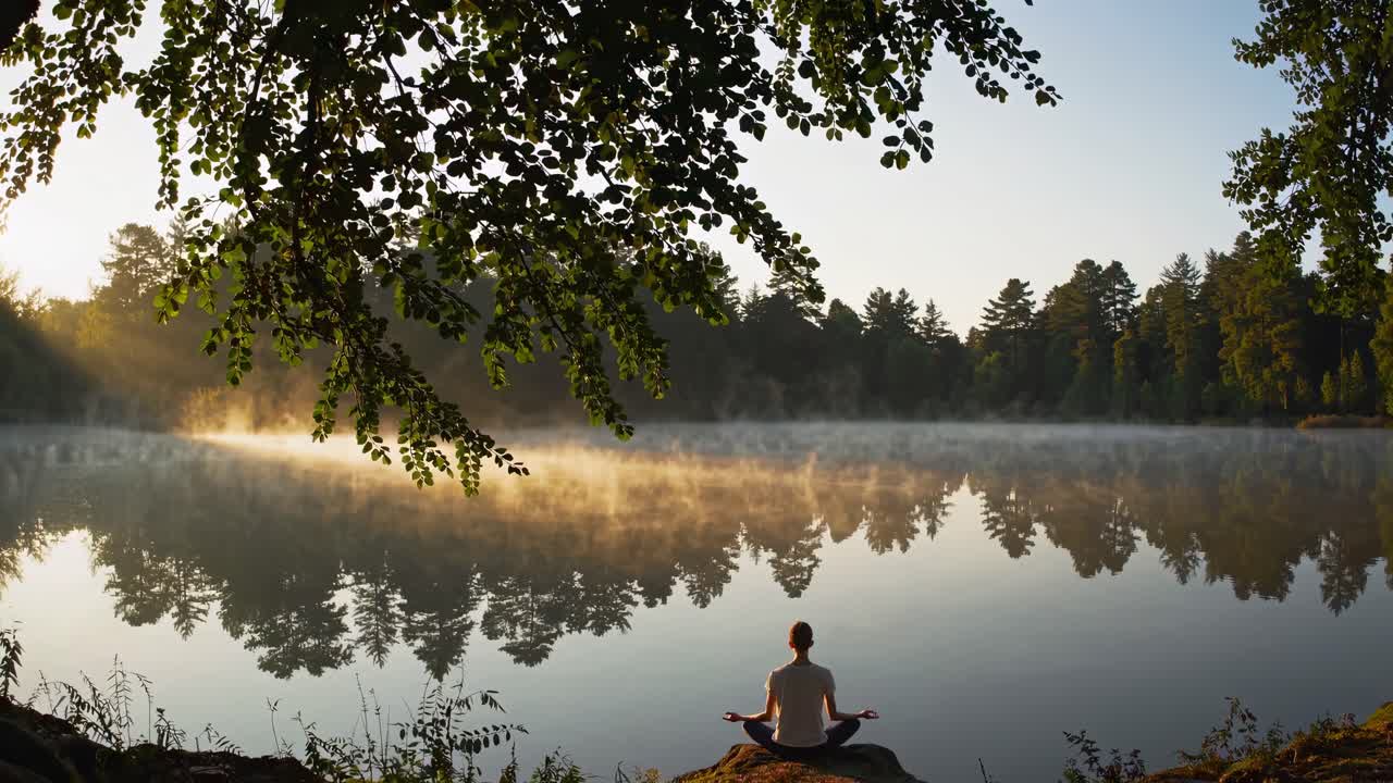 A serene video captures a person meditating by a misty lake at sunrise
