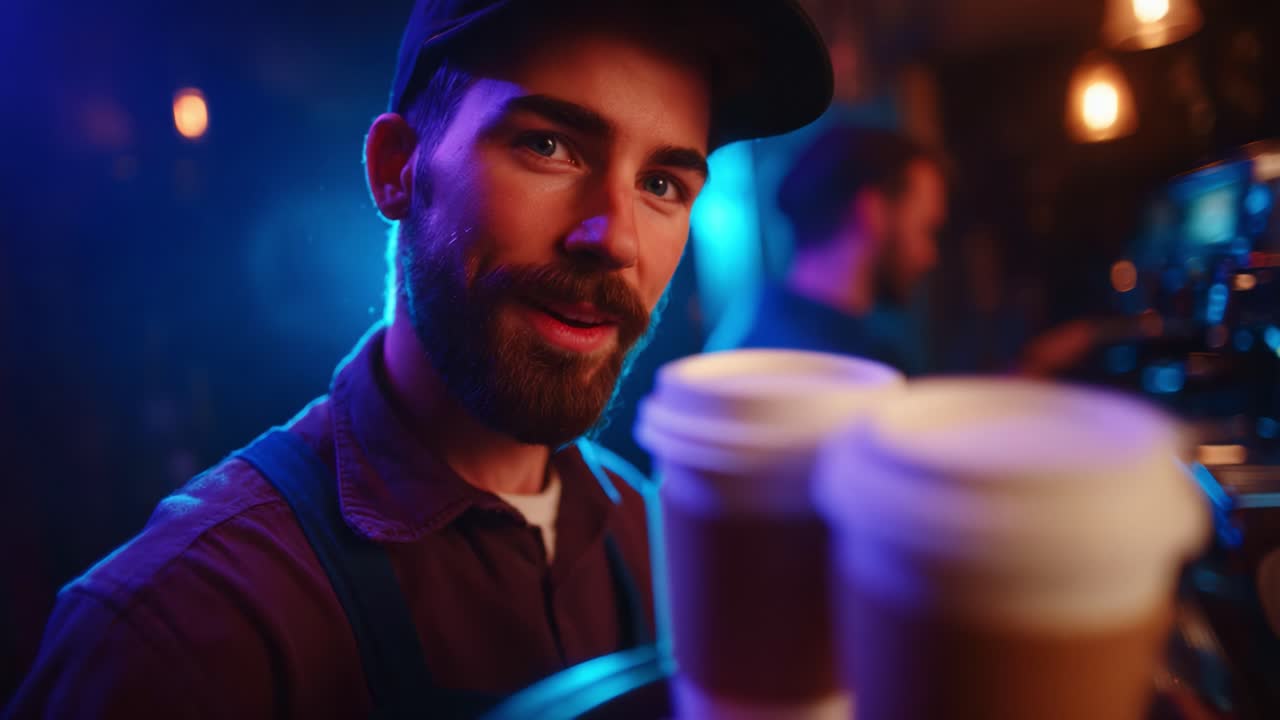 Un barista esperto che prepara bevande a base di caffè nell'ambiente accogliente di un bar, catturato in due fotogrammi che mostrano concentrazione e attenzione ai dettagli con clienti nelle vicinanze