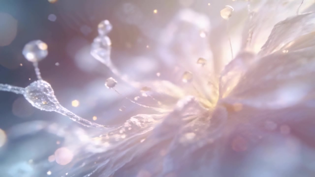 カメラが中央の花びらのひだやフィラメントに寄っていき、マクロで透明な水滴がはっきりと見える。