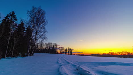 landscape of snowy open field with vehicle tire prints on the snow surface