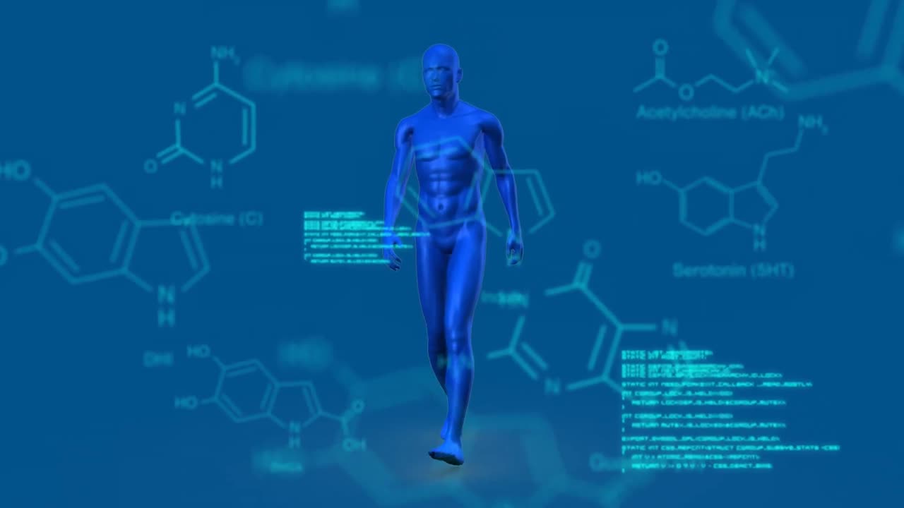 데이터로 둘러싸인 원을 돌아다니는 인간 그래픽