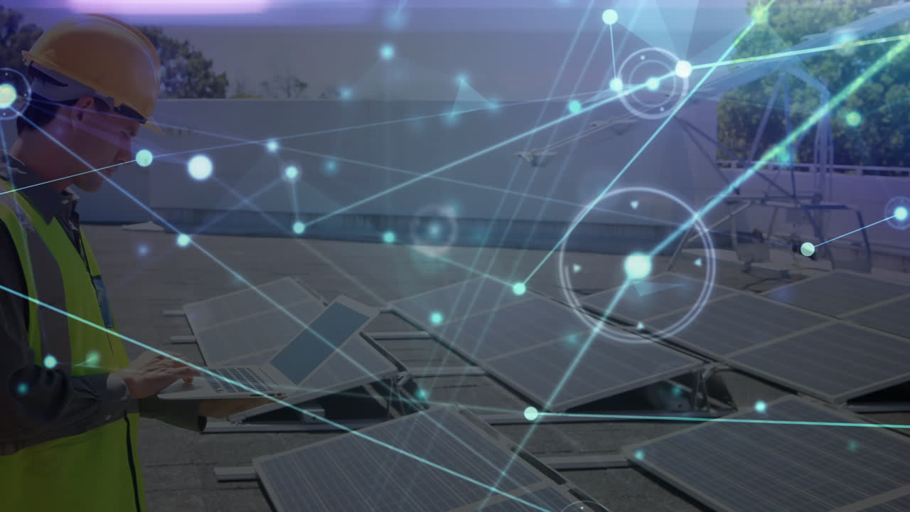 animación de la red de conexiones sobre el hombre caucásico instalando paneles solares