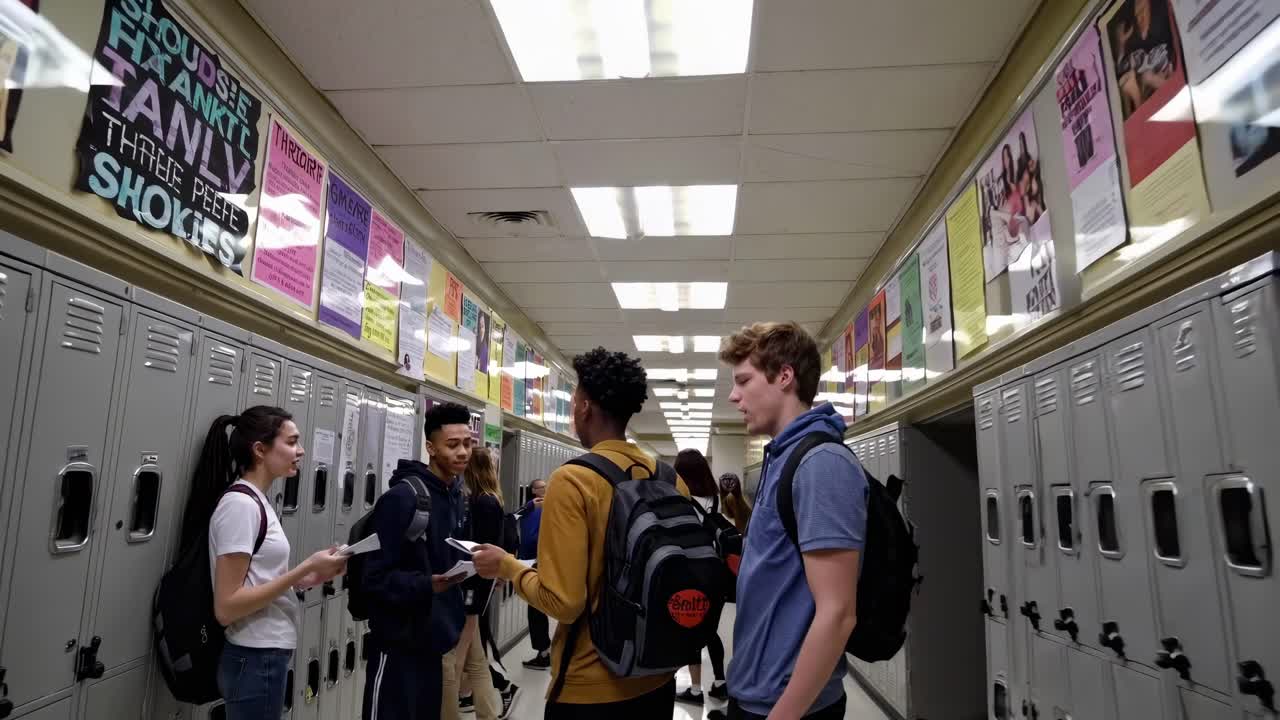 Wide-angle shot of students in a school hallway with lockers, capturing a candid, documentary-style