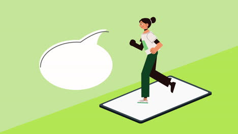 woman running on a tablet with speech bubble