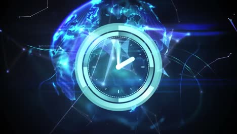 animación de la red de conexiones, reloj en movimiento y globo sobre fondo negro