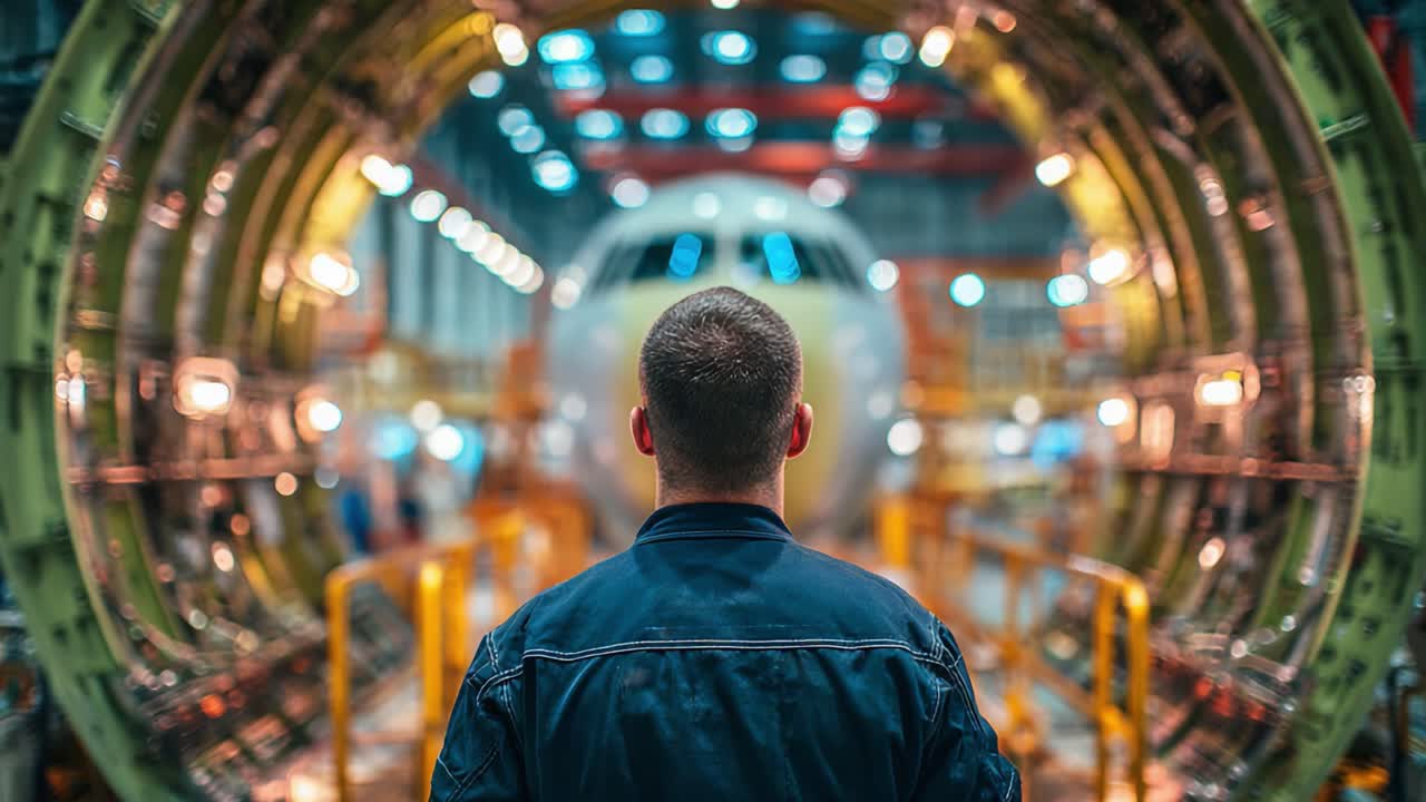A Skilled Technician Observing the Tail Section of an Aircraft During Assembly in a Spacious Aircraft Manufacturing Facility