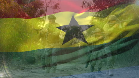 animación de la bandera de ghana sobre varios soldados varones caminando con armas