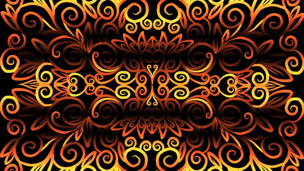 Patrón artístico floral con gradiente de caleidoscopio, circular sin costuras, color dorado lujoso, con ornamento étnico dayak de batik tenun tradicional indonesio, para intros, aperturas, anuncios y comerciales