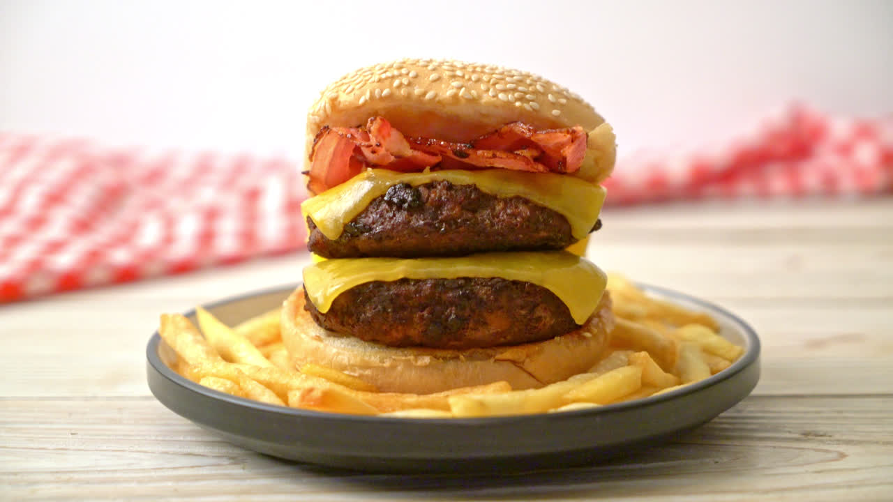 hamburguesas o hamburguesas de ternera con queso, tocino y papas fritas - estilo de comida poco saludable