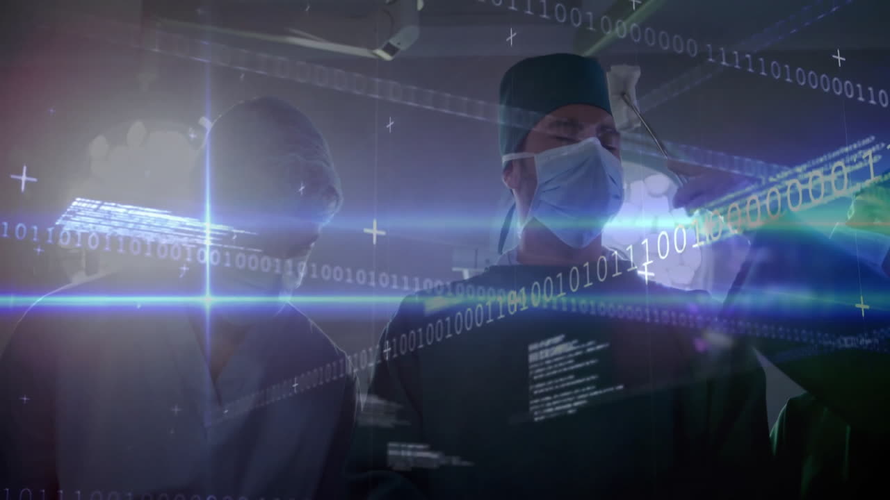 In operating room, medical professionals in surgical attire analyzing animation data