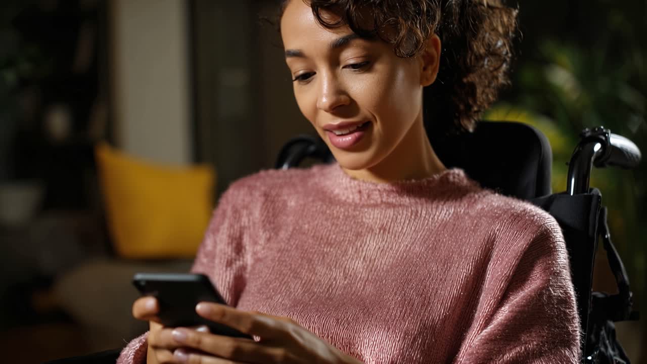 Warm light glows softly in dim room. Woman smiles gently while holding smartphone. She sits in wheelchair, dressed in soft pink sweater. Her focus is on screen, calm and content