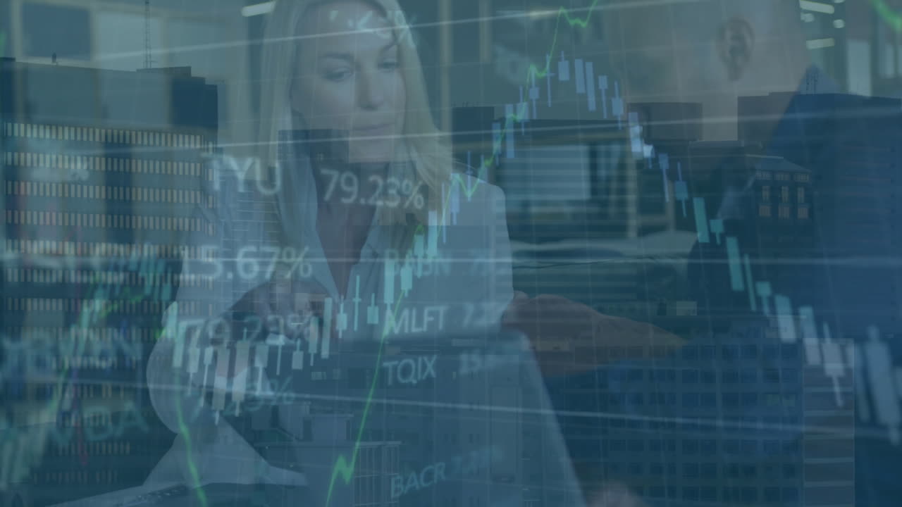 Animation of financial data processing over diverse business people using laptop