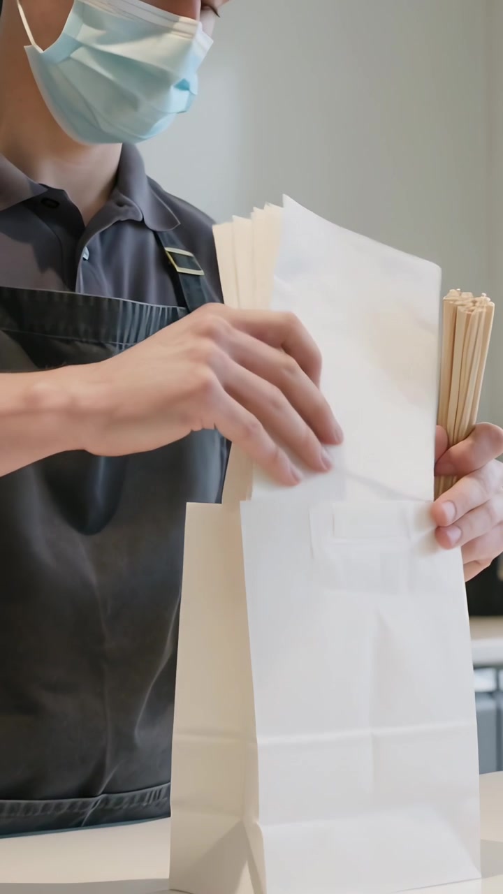 Vertical video: Holding wrapped items, masked server placing them into white bag at counter to-go