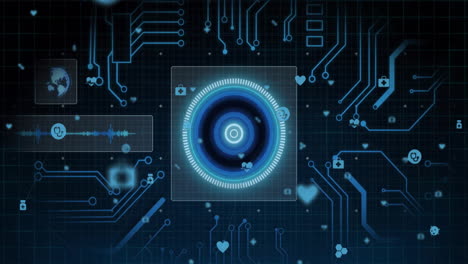 glowing blue circular elements in futuristic digital interface with circuit patterns