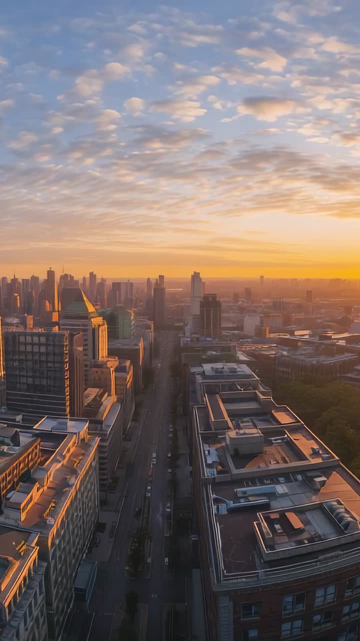 Vídeo vertical: filmagem no terraço capturando postes de luz acendendo ao entardecer ao longo da rua principal