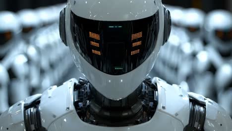 a group of white robots standing in a line