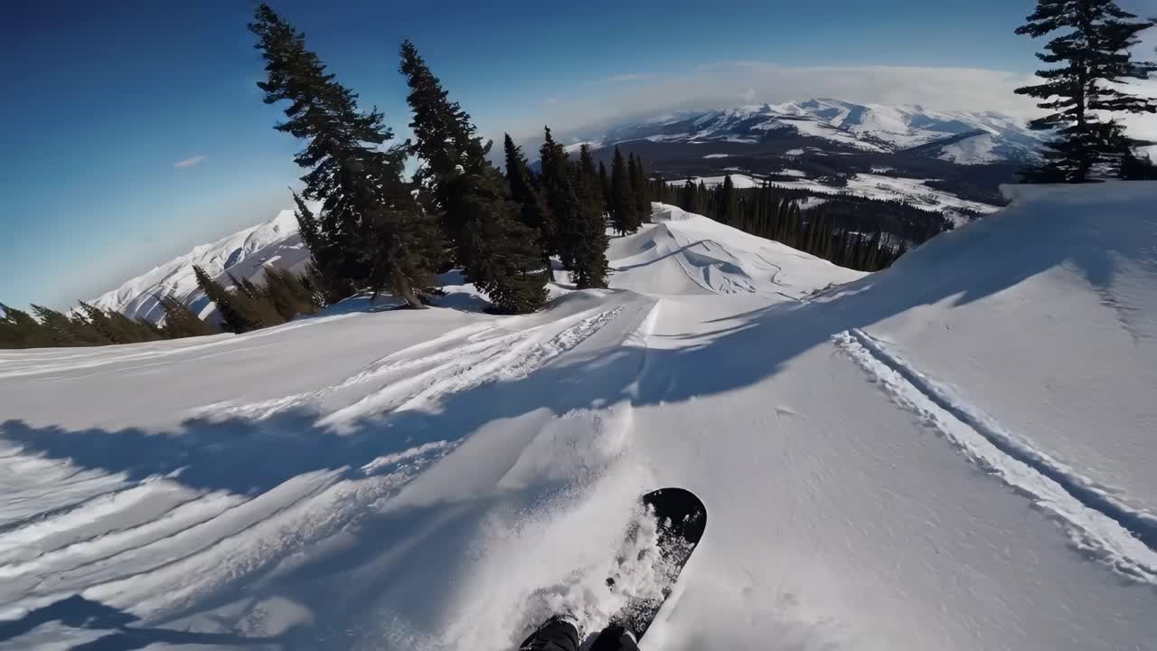 POV shot of a snowboarder carving through fresh snow on a mountain slope, surrounded by trees