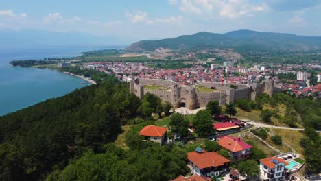 aerial drone view of samuels fortress in ohrid north macedonia next to lake ohrid