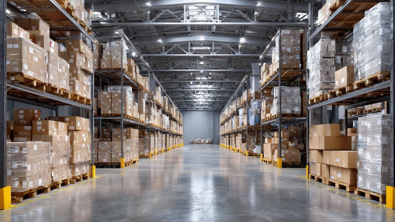 Expansive Warehouse Interior with Neatly Stacked Boxes and Well-Organized Shelving, Capturing a Sense of Efficiency and Logistics Management