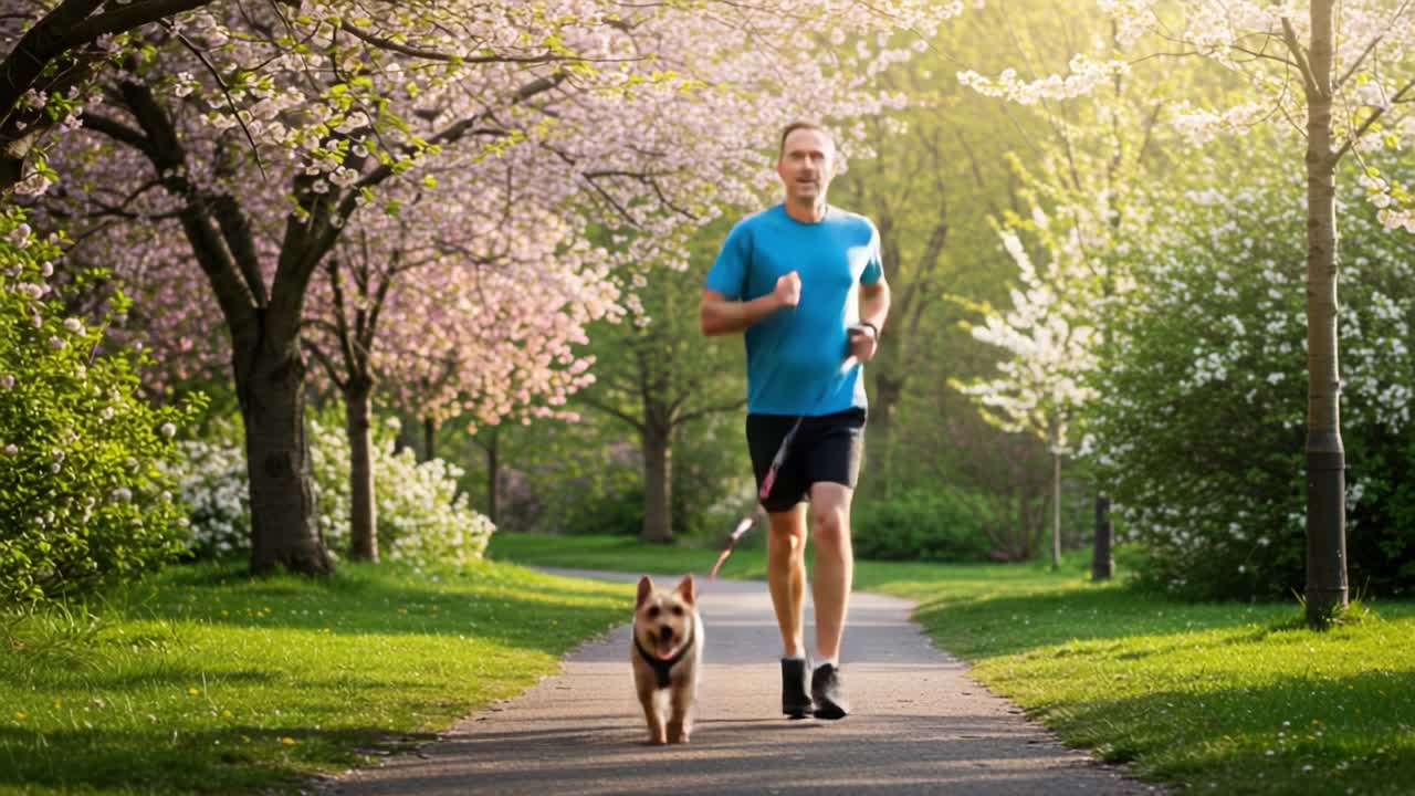 A Man Enjoys an Early Morning Run with His Dog Along a Scenic Path Lined with Beautiful Blossoming Trees in a Serene Park Setting