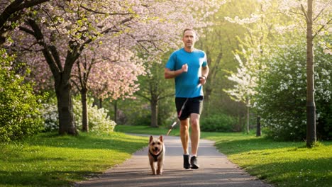 a man enjoys an early morning run with his dog along a scenic path lined with beautiful blossoming trees in a serene park setting