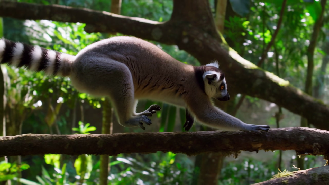 Ringtailed Lemur Walking On Branch In Sunlit Rainforest, Striped Tail Balancing, Cautious Stepping Along Mossy