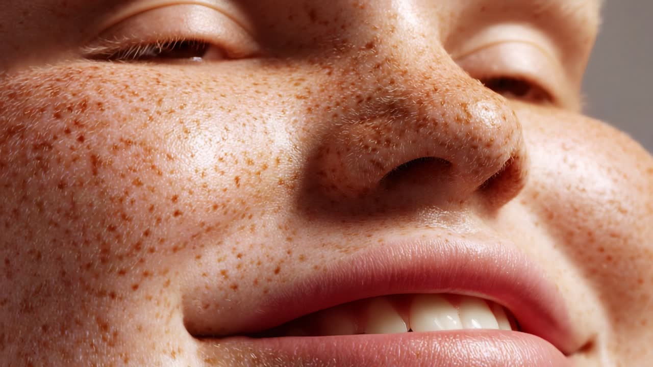 A Close-Up Journey into Freckled Beauty: Captivating Expressions Revealed through Intimate Frames of Smiling and Serene Features, Highlighting Unique Skin Textures and Emotions