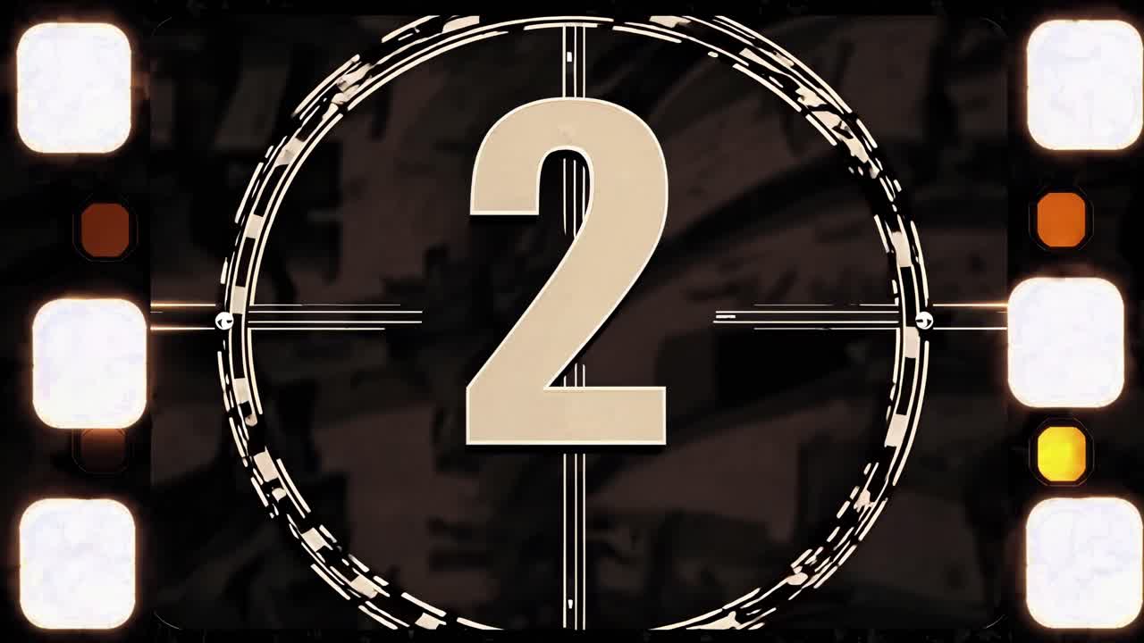 Retro video countdown with a vintage film reel style. Top-down angle showing the number 10