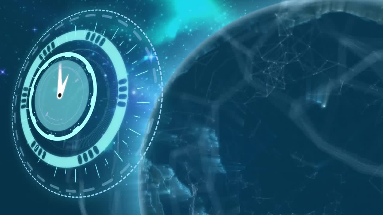 анимация часов через сеть соединений и глобуса