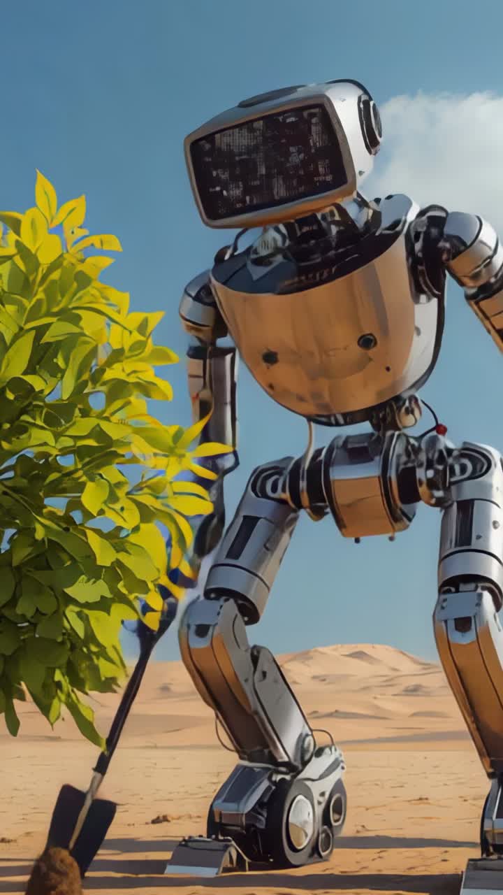 Vertical video: Robot leaning into sand around shrub at desert scooping soil away with metal shovel