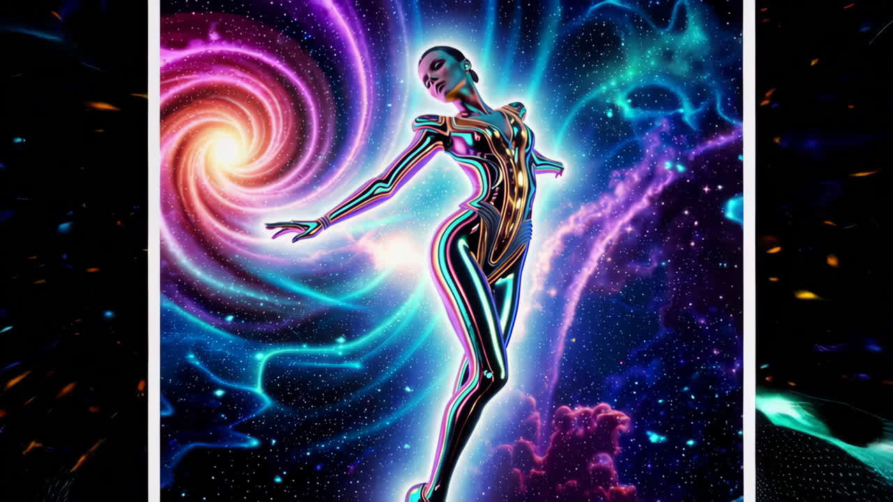Iridescent Humanoid in a Vibrant Cosmic Galaxy
