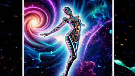 iridescent humanoid in a vibrant cosmic galaxy