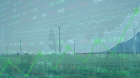 Animation-of-financial-data-and-graphs-over-landscape-with-wind-turbines