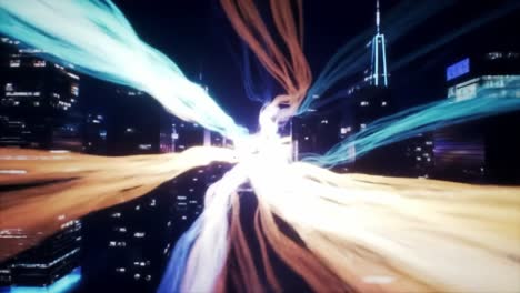 dynamic light streams intertwine amidst a vibrant urban landscape, illuminating the city with a cascade of colors in an energetic visual display