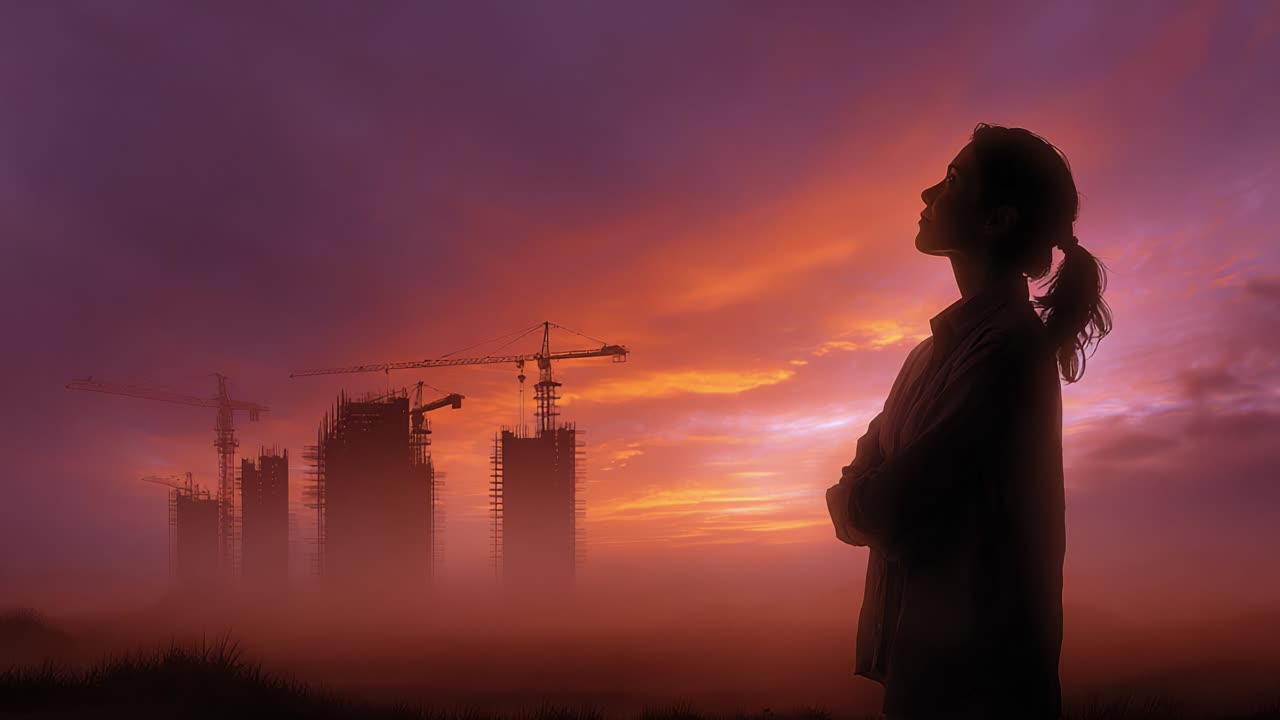 A contemplative figure stands silhouetted against a breathtaking sunset, observing construction cranes and emerging buildings, symbolizing hope, progress, and the dawn of new opportunities