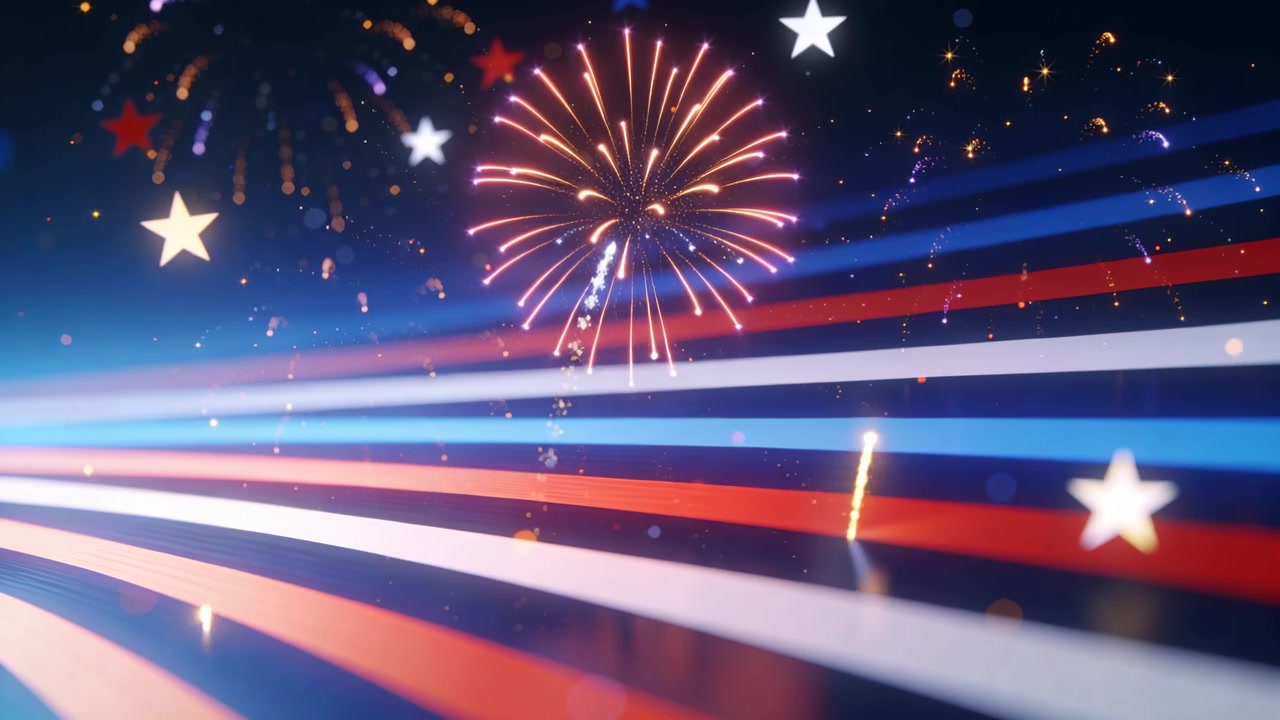 Launching fireworks from horizon, waving ribbon moving across blue sky with stars, celebrating