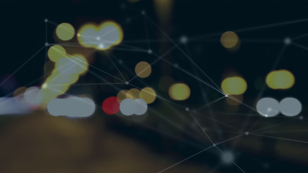 Animation of network of connections on bokeh city lights at night in background