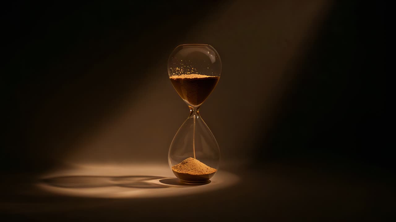 Gravity pulling fine amber sand through glass hourglass in dark studio area indicating time passage