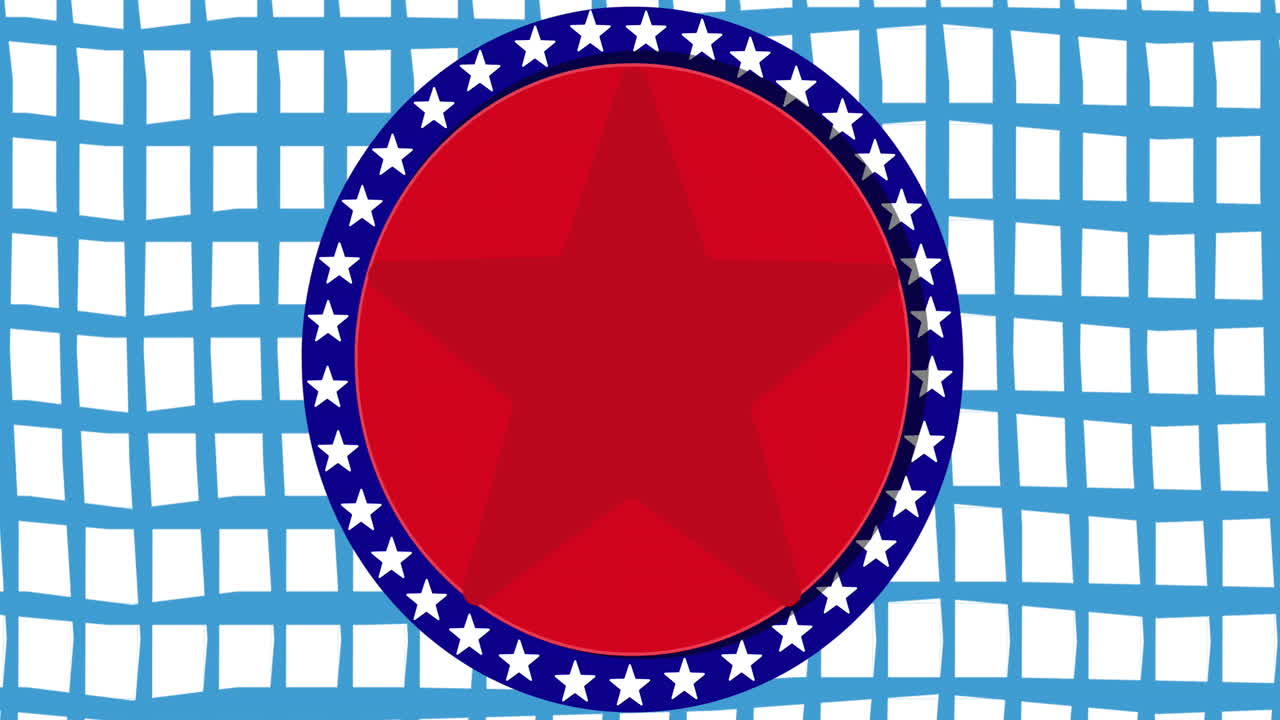 Animation of red, white and blue circles and stars, american flag elements over blue and white grid