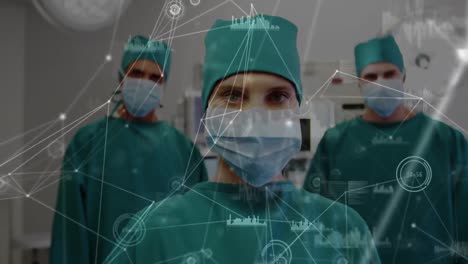 Animation-of-network-of-connections-over-two-caucasian-surgeons-in-operating-theater