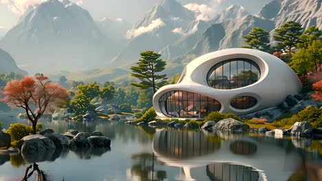 futuristic waterside retreat with mountain views