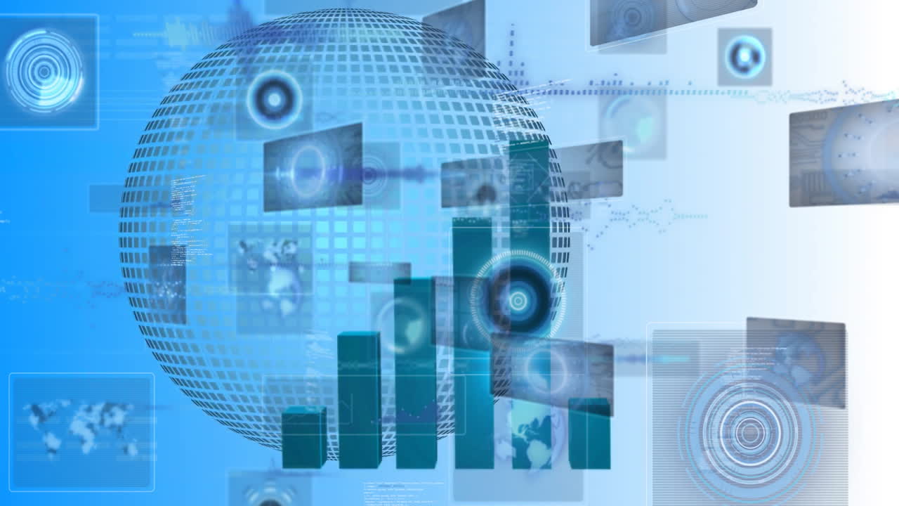 Floating bar graphs and futuristic data screens around digital globe in animation